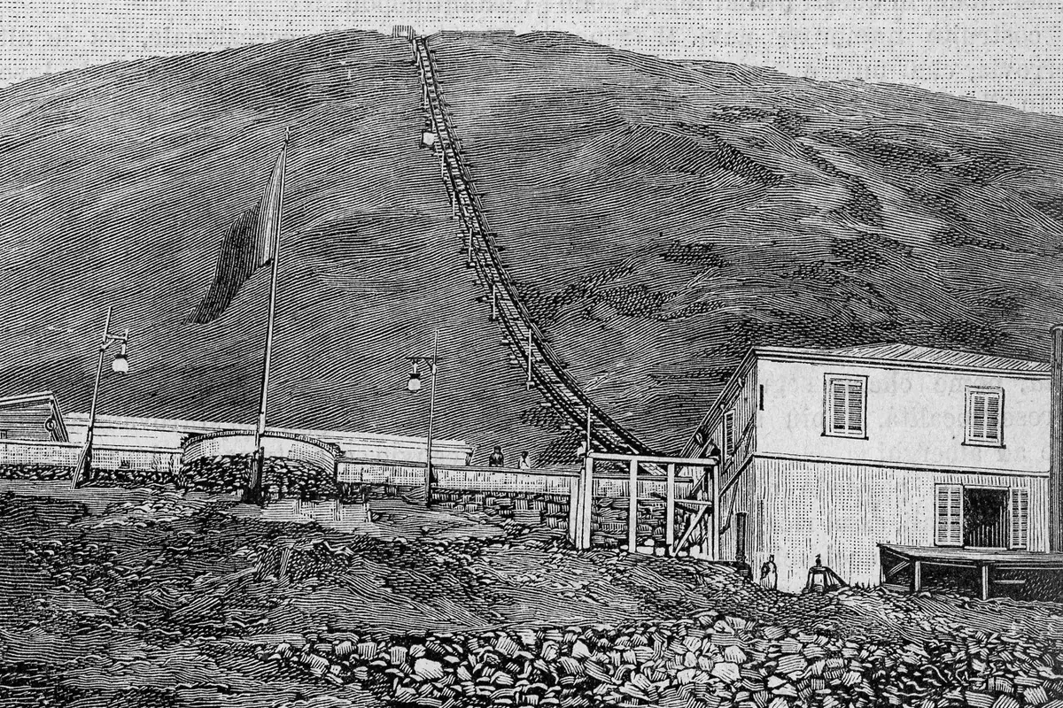Et træstik fra 1800-tallet af kabelbanen, der klatrer op ad Vesuv